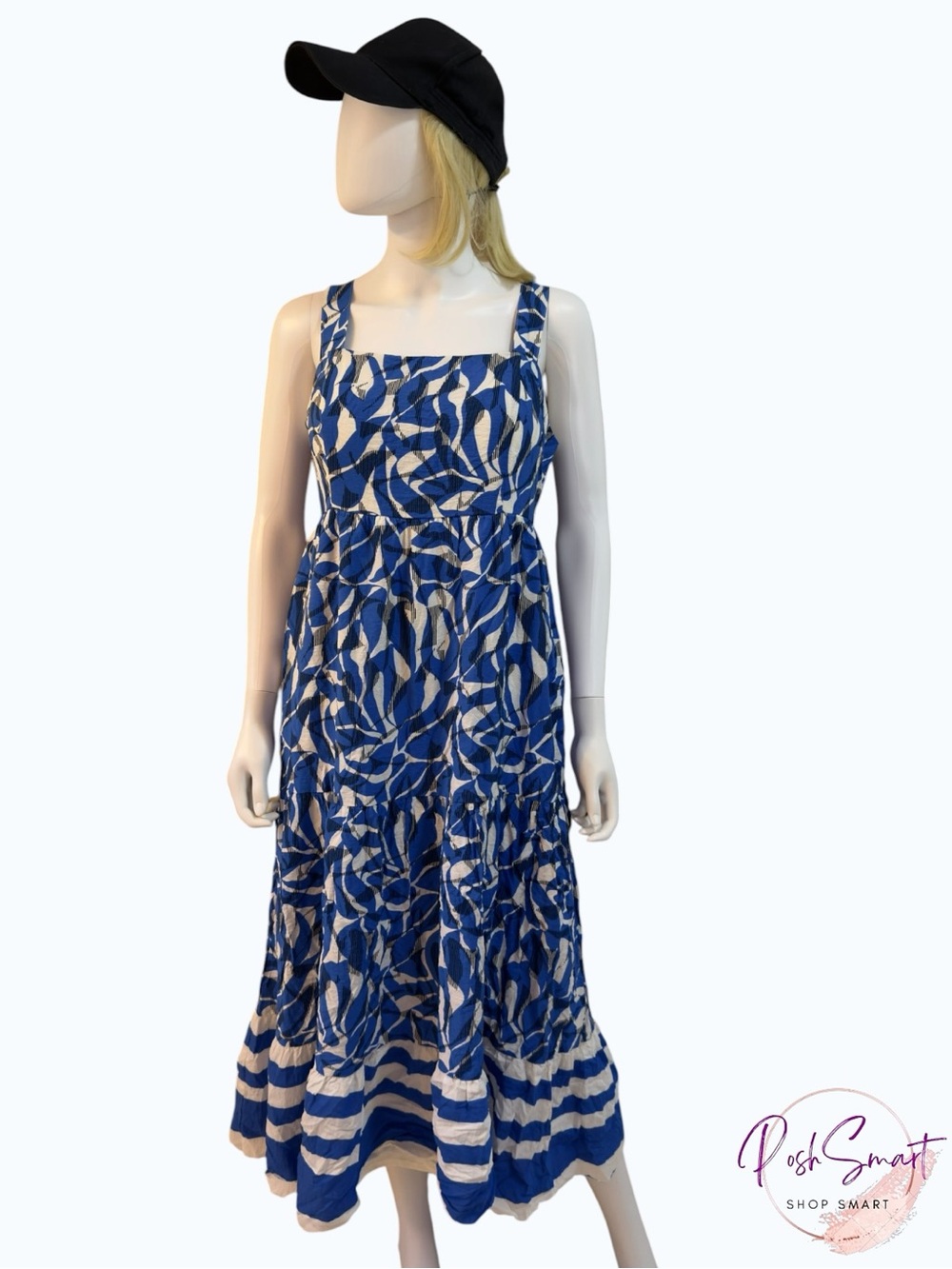 Nine West Blue Abstract Print Tiered Midi Dress Smocked Waist | Size L